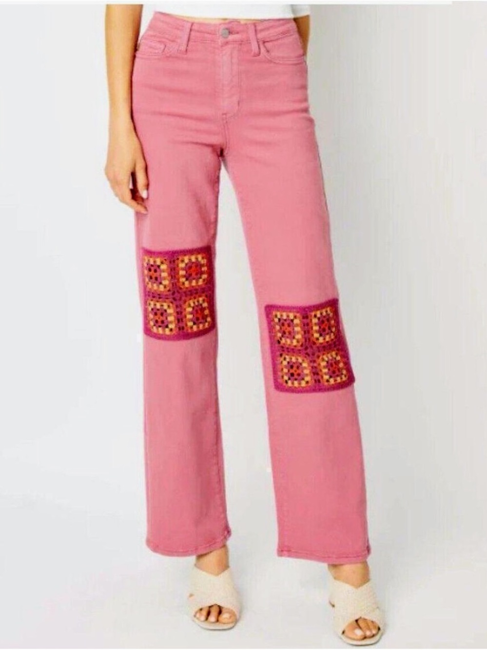 Judy Blue Pink Flare Jeans with Crochet Patchwork